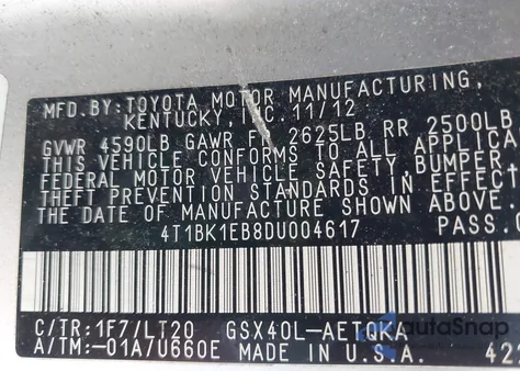 2013 Toyota Avalon Xle Touring z USA, uszkodzony, nr VIN 4T1BK1EB8DU004617